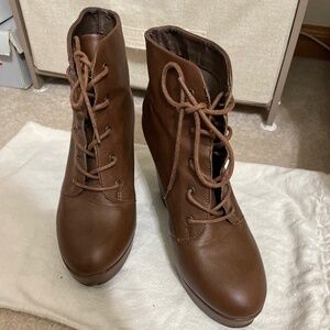 Lace up brown block heel booties